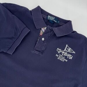 Polo Ralph Lauren Men's L Navy Blue Polo Shirt Yacht Club 381 Bleeker Plaid Trim